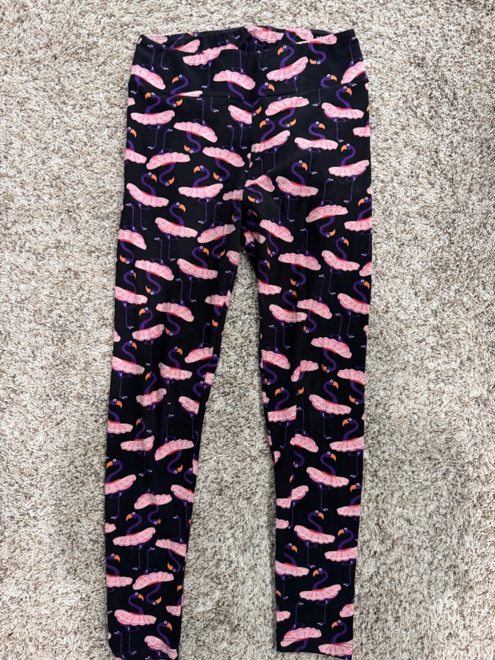LuLaRoe purple flamingos with pink tutu leggings black background OS fits 2-10